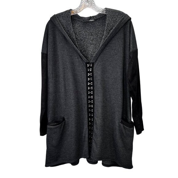 Ariella Hoodie Cardigan Tunic Top M Studded Hook Closure Pockets Gray Black - Picture 1 of 8